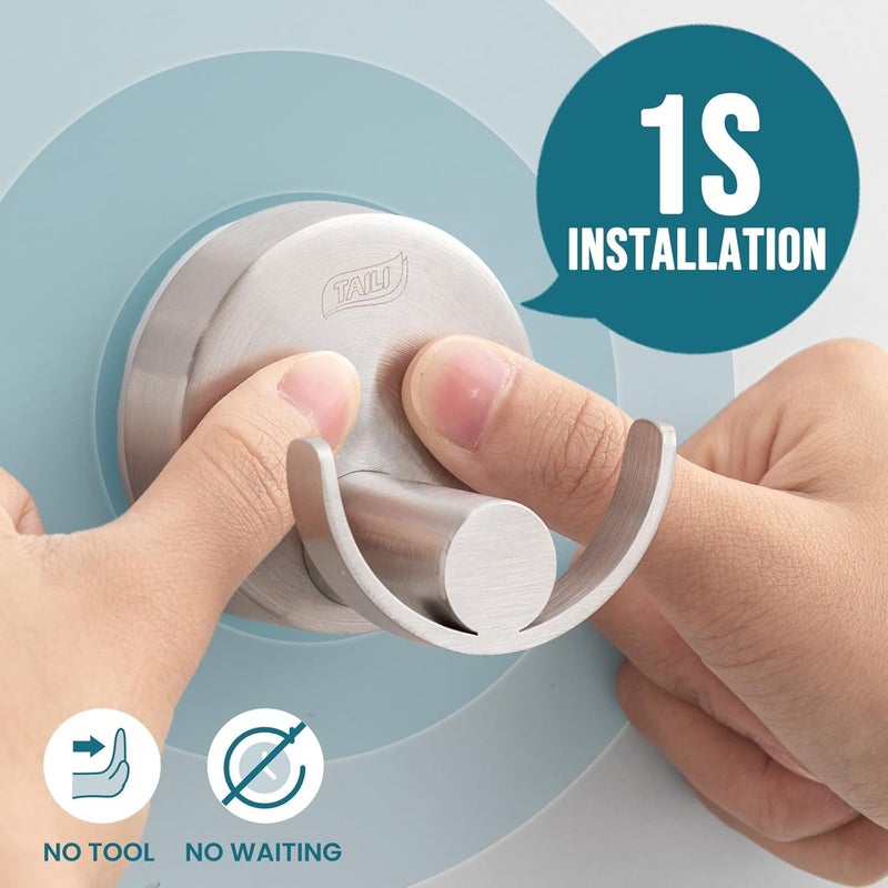 Taili 304 Stainless Steel Bathroom Suction Hooks for Towel, Bathrobe, Loofah, Patented Strong Suction Cup Holder, No Damage Hanging Glass Shower Wall Hook, Double-Hook Sleek Design, 2 Pack, Silver - Image 2